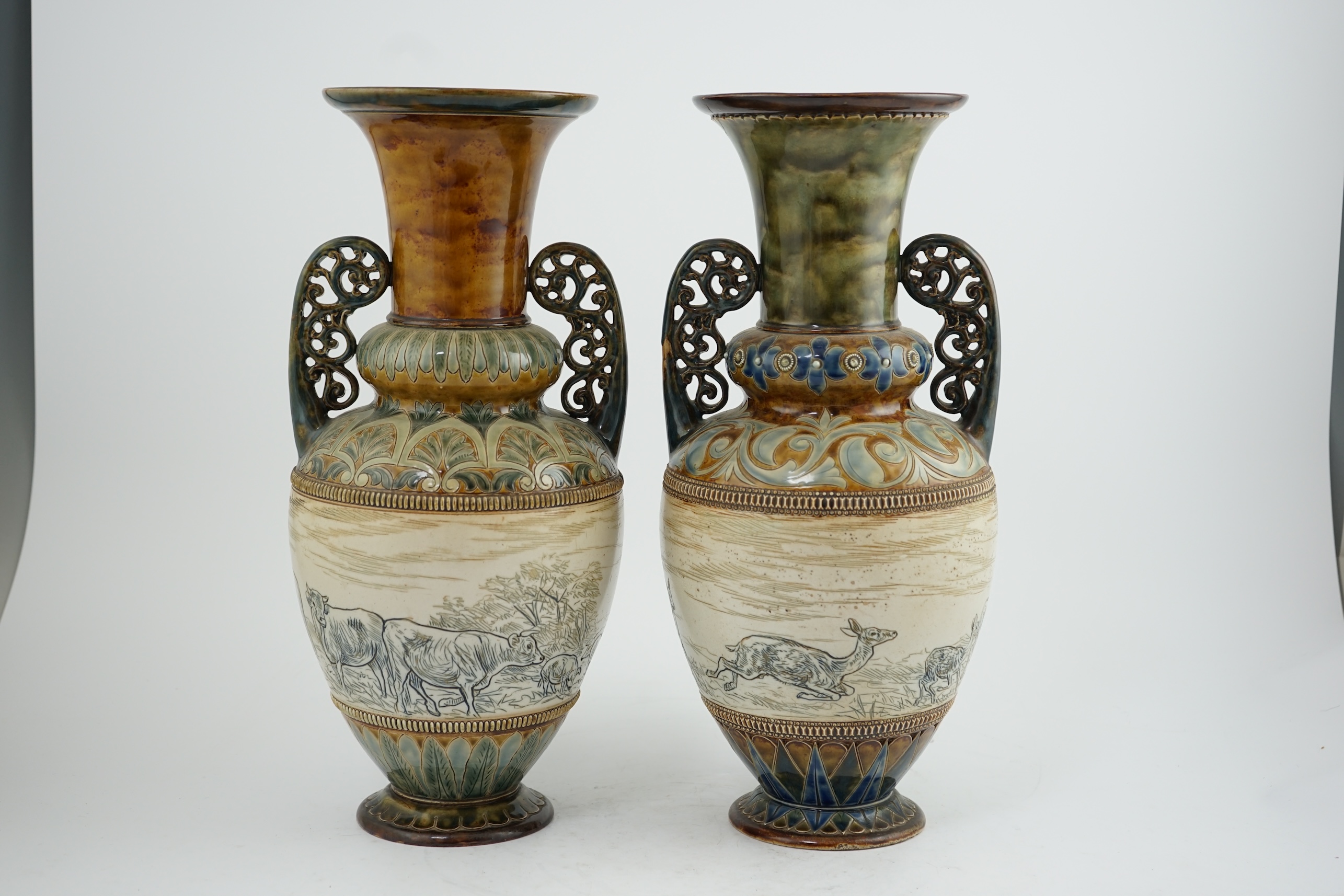 Hannah Barlow for Doulton Lambeth two similar stoneware vases, 1885